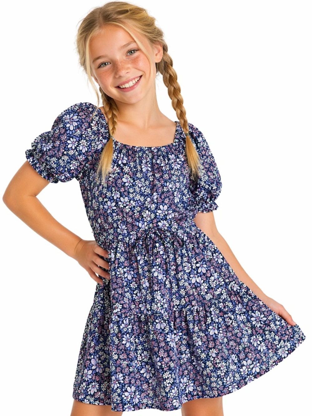 Trixxi Girl Floral Dress Girls Medium Navy Puff Sleeve Lined Boho